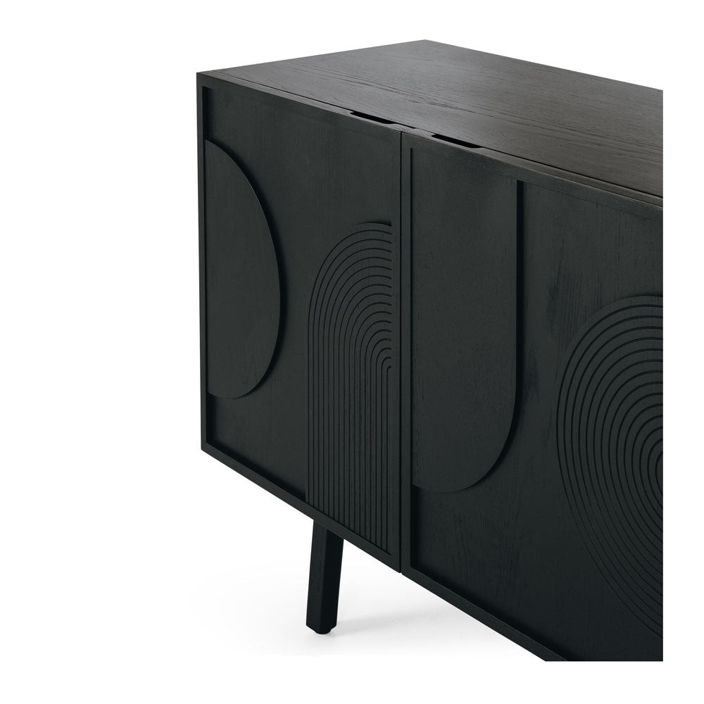 Black sideboard with geometric design close up