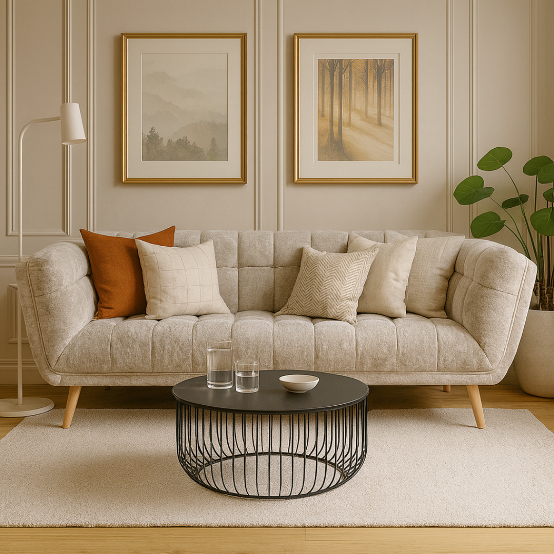 Living room with a beige sofa, coffee table, and wall art