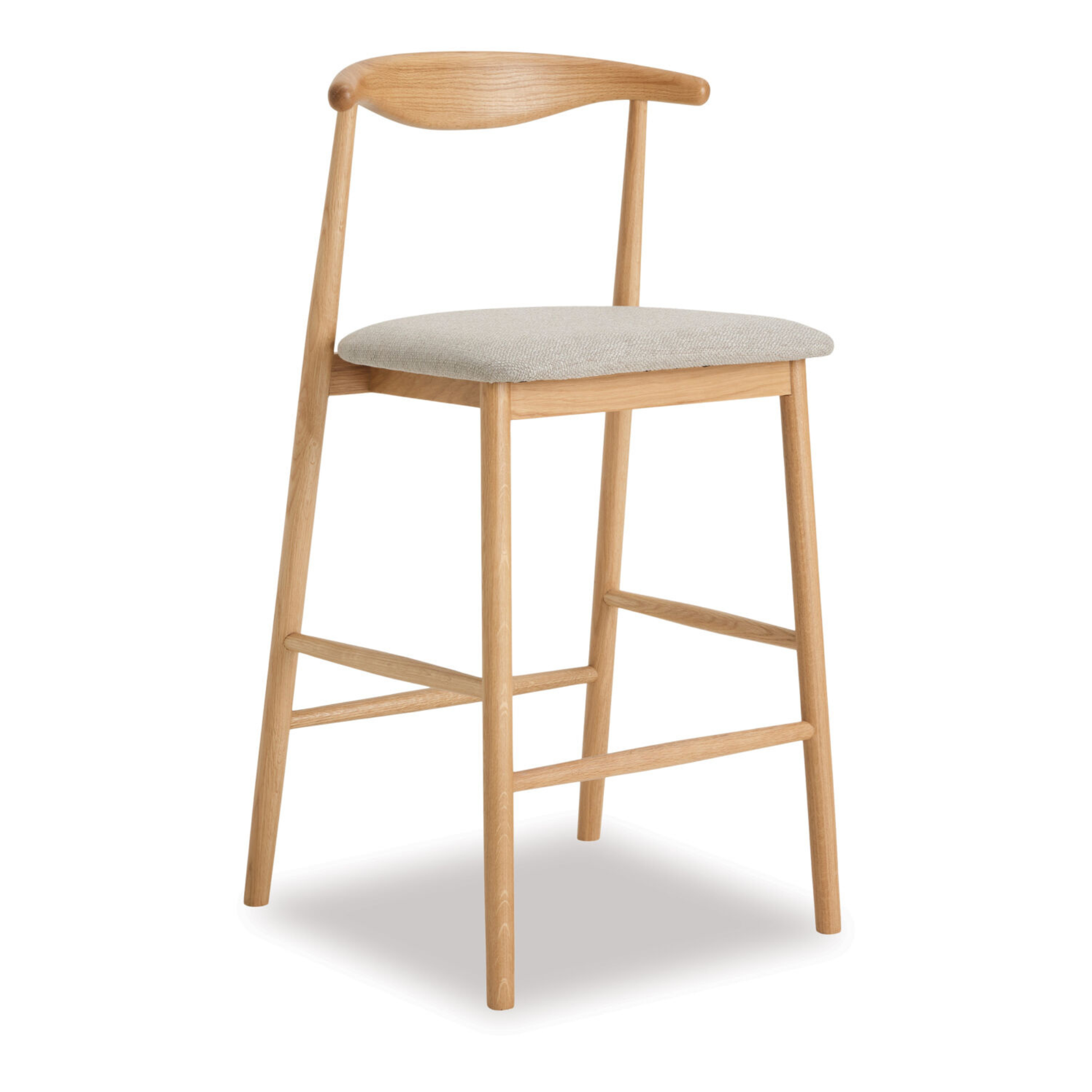 solid natural oak barstool with padded fabric seat