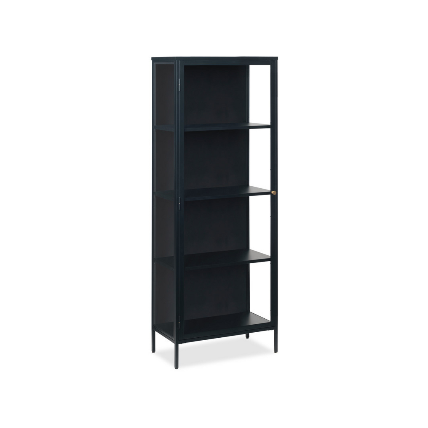 Black metal 4 shelf cabinet with tempered glass door and sides