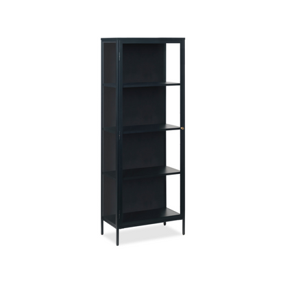 Black metal 4 shelf cabinet with tempered glass door and sides