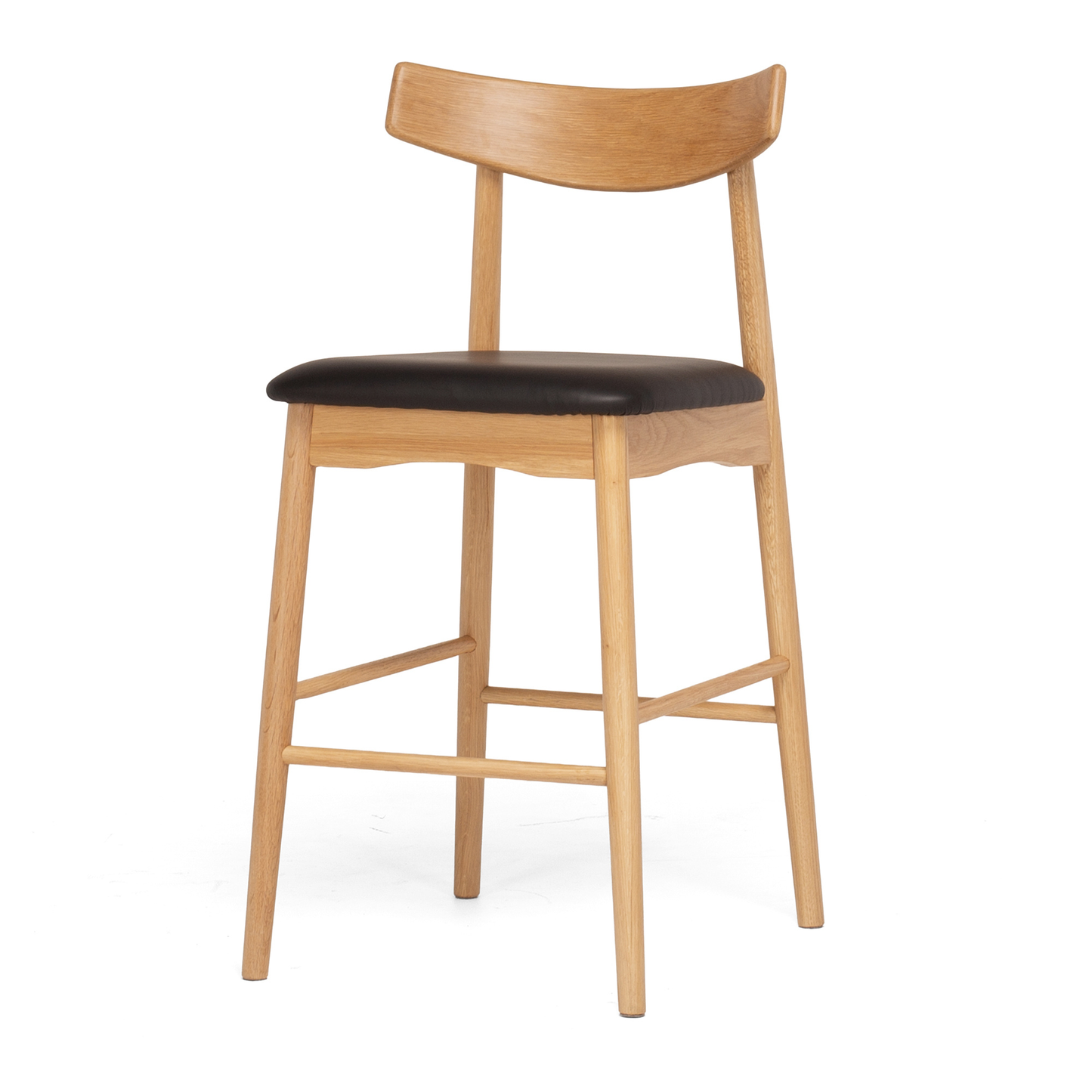 natural oak barstool with a padded black polyurethane seat