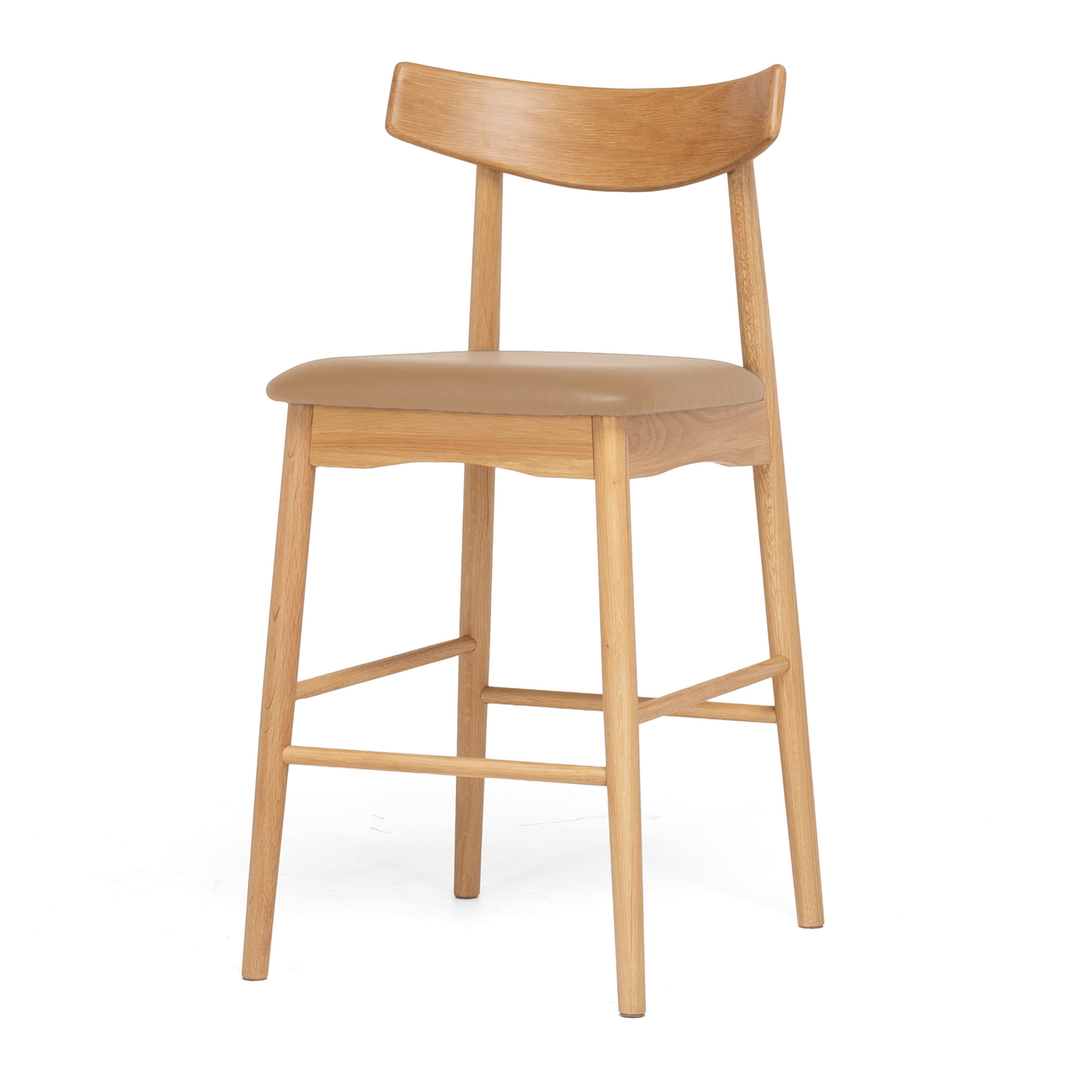 Natural oak barstool with a padded tan polyurethane seat