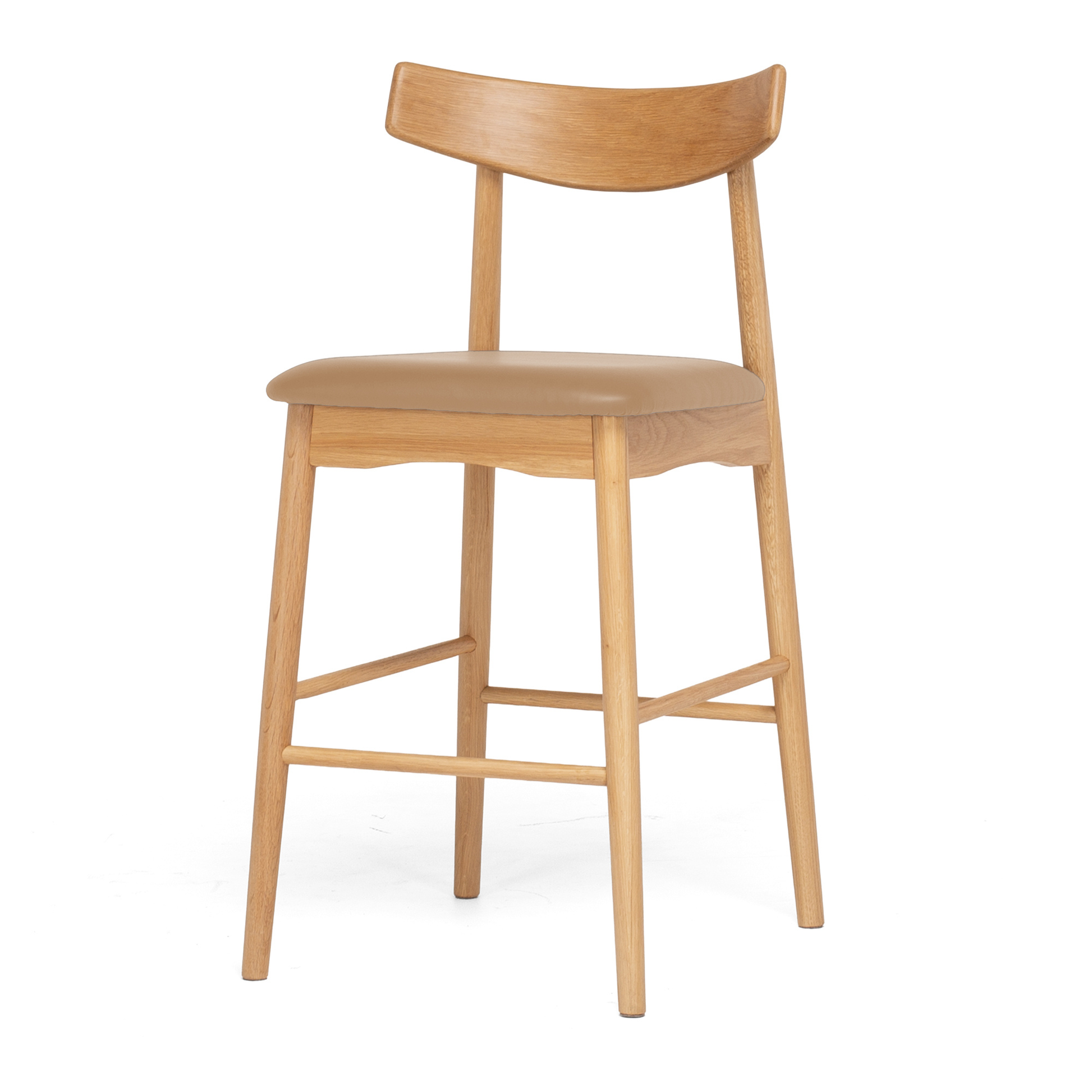 Natural oak barstool with a padded tan polyurethane seat