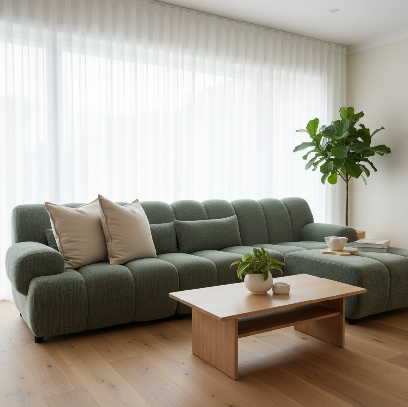 Green sectional sofa in a living room with decorative pillows and a small table.