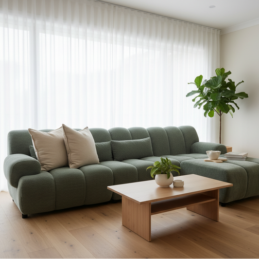 Green sectional sofa in a living room with decorative pillows and a small table.