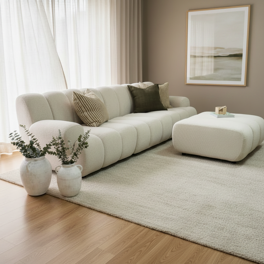 4 piece modular sofa with a beige coloured fabric