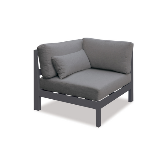 Grey powder coated aluminium outdoor corner piece with grey fabric quick dry cushions