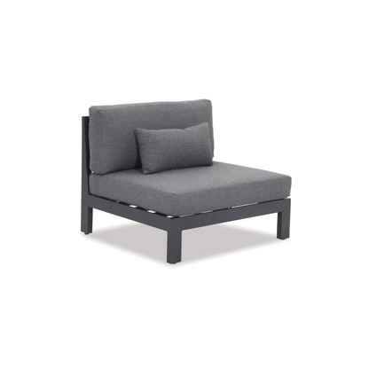 Grey powder coated aluminium outdoor chair with grey fabric quick dry cushions