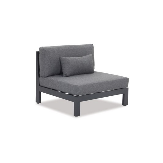 Grey powder coated aluminium outdoor chair with grey fabric quick dry cushions