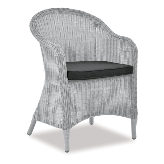 Gray wicker chair with a black cushion