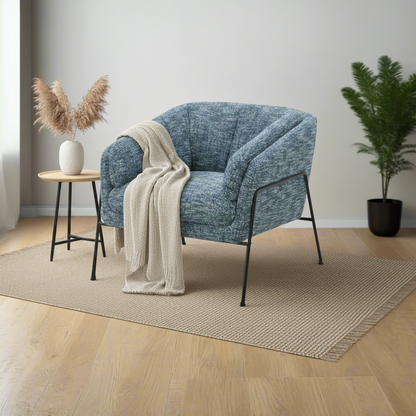 Blue occasional armchair with thin metal legs and base