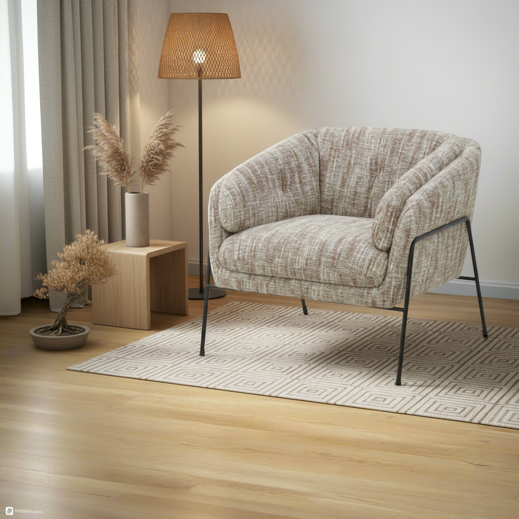 Brown and white flecked fabric occasional armchair with steel frame