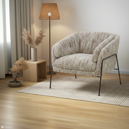 Brown and white flecked fabric occasional armchair with steel frame