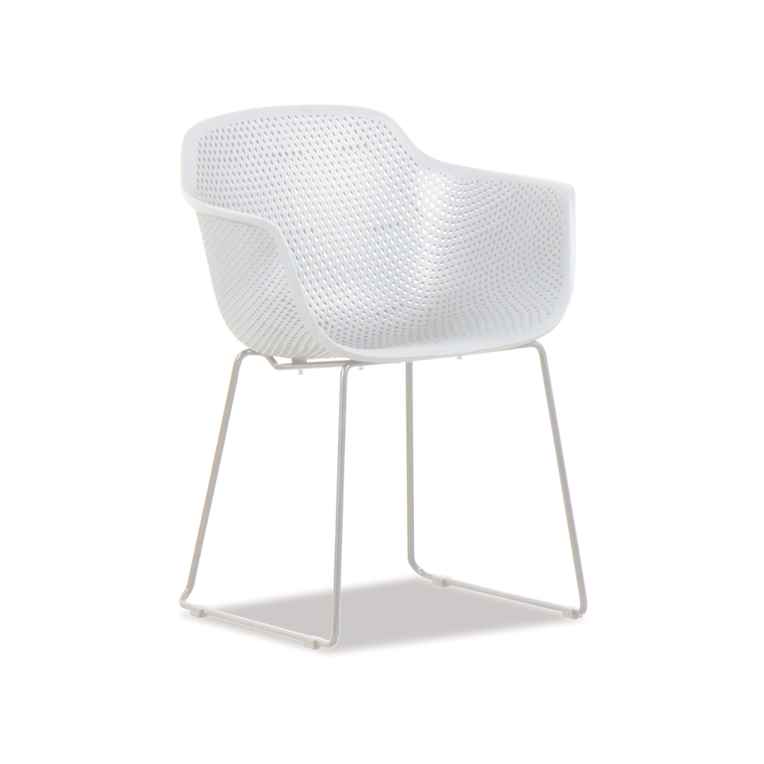 White outdoor chair with polyurethane seat and steel sleigh legs