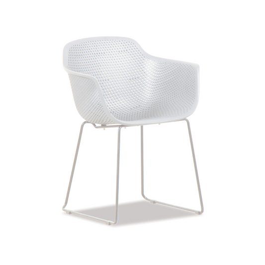 White outdoor chair with polyurethane seat and steel sleigh legs