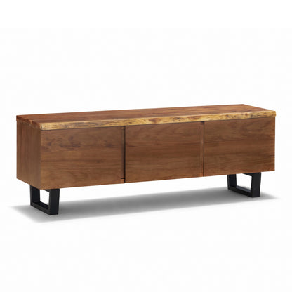 South African black wood 3 door entertainment unit with black powder coated metal legs
