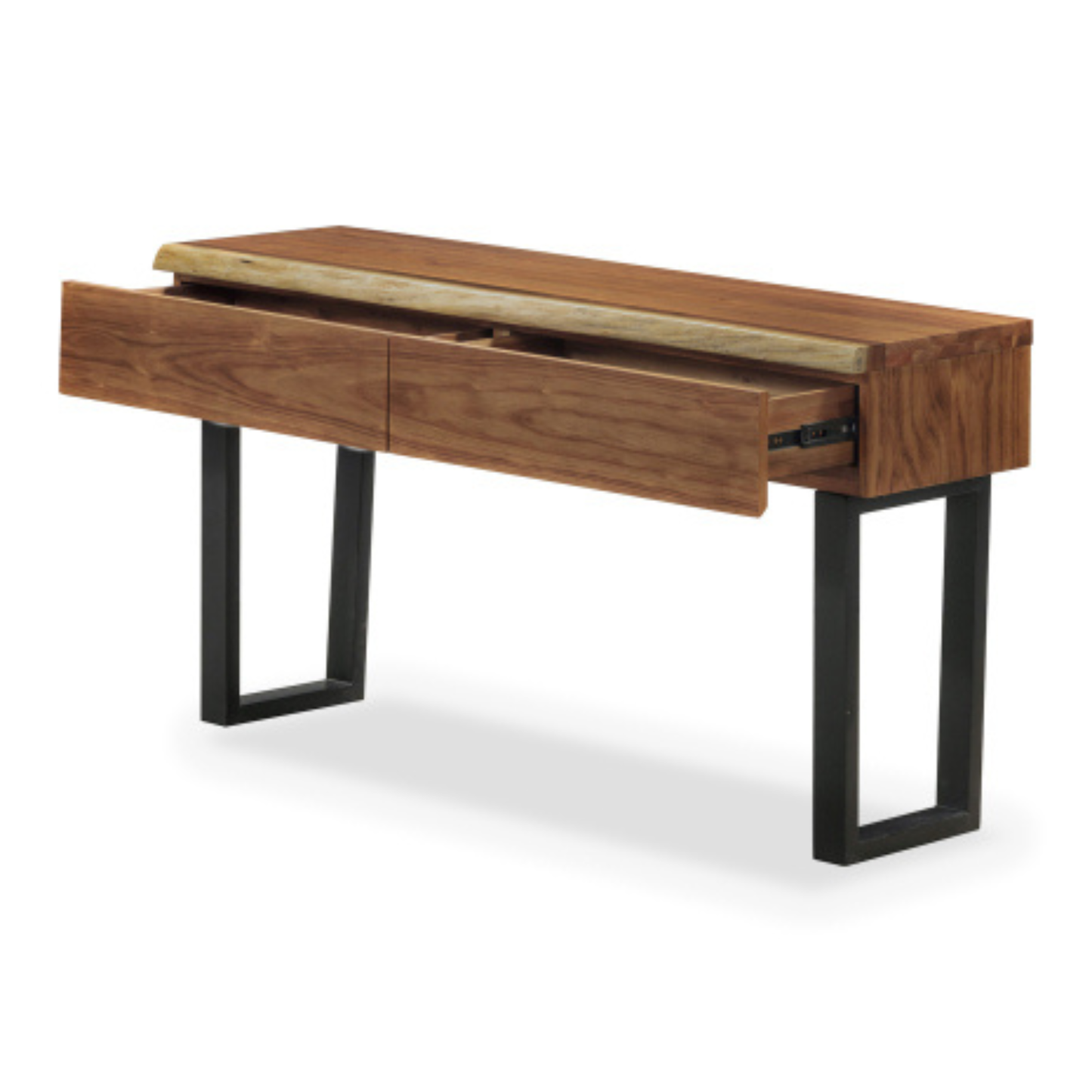 South African black wood 2 drawer console table with black powder coated metal legs
