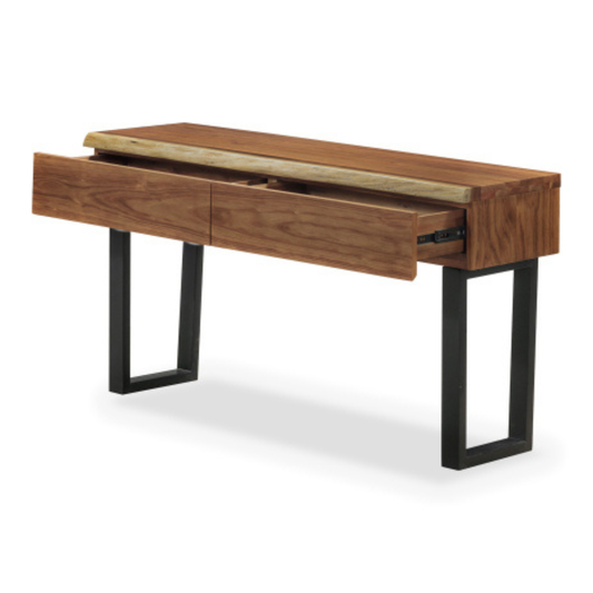 South African black wood 2 drawer console table with black powder coated metal legs