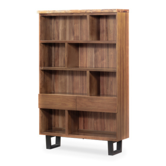 South African black wood wall unit bookshelf with 2 drawers and black powder coated metal legs