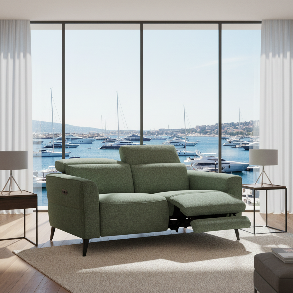 Green reclining 2 seat sofa with usb ports