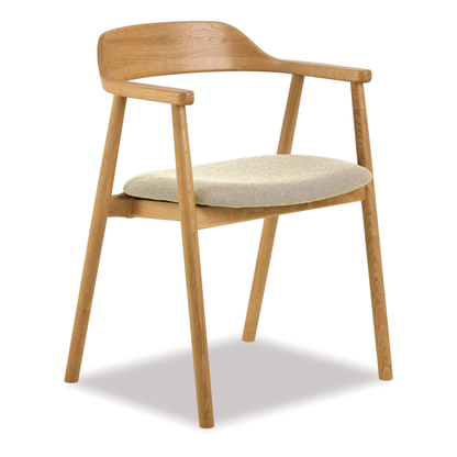 Natural oak dining chair with padded beige coloured fabric seat