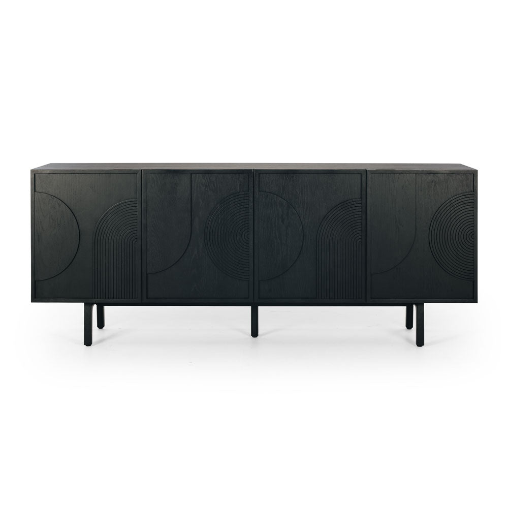 Black sideboard with abstract designs on doors