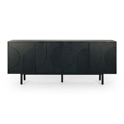 Black sideboard with abstract designs on doors