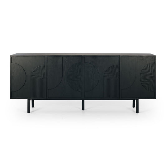 Black sideboard with abstract designs on doors