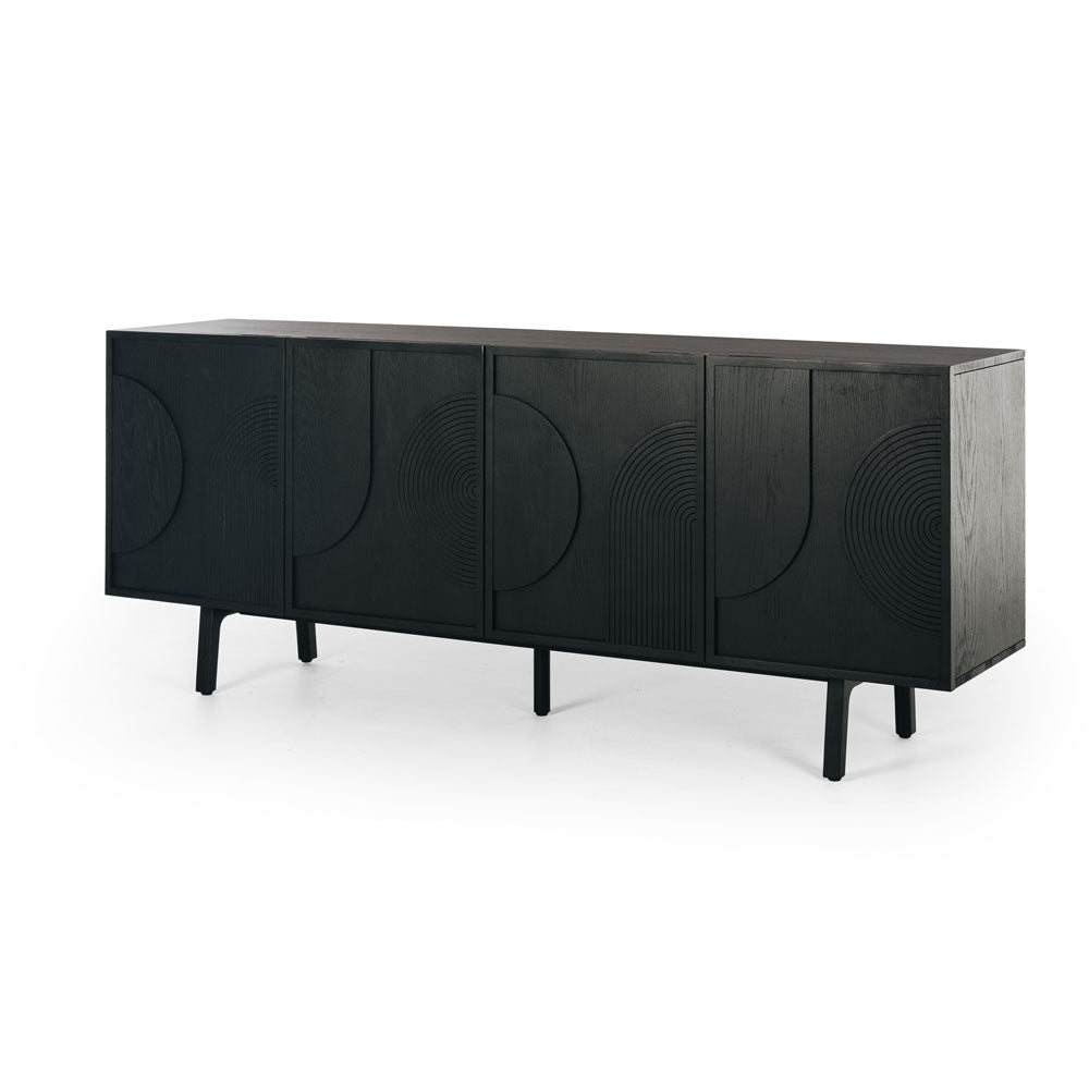 Black sideboard with circular designs on doors 