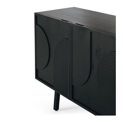 Black sideboard with geometric design close up