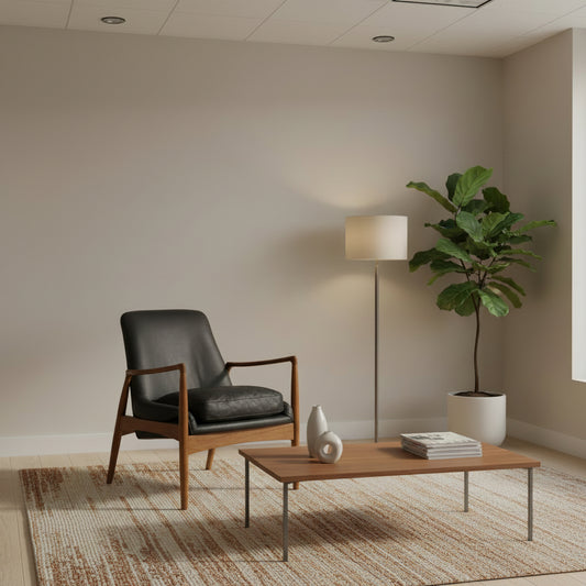 Black leather armchair with polished timber arms and legs