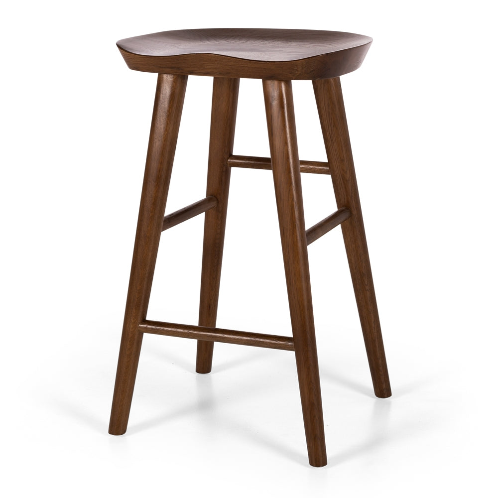 deep oak coloured solid wood barstool with a tractor seat